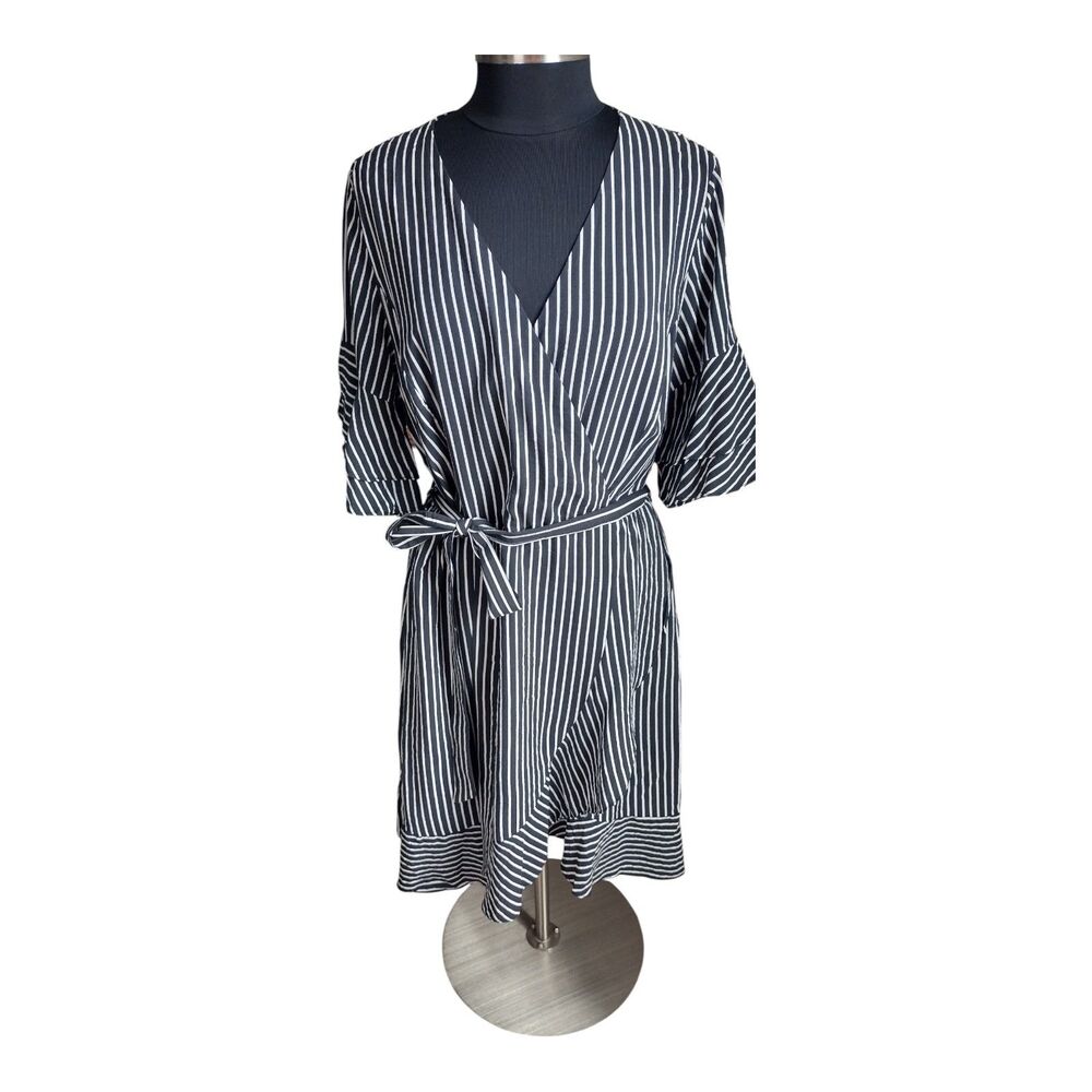 City Chic Plus Size 16 Striped Black and White Faux Wrap Dress Midi Flirty